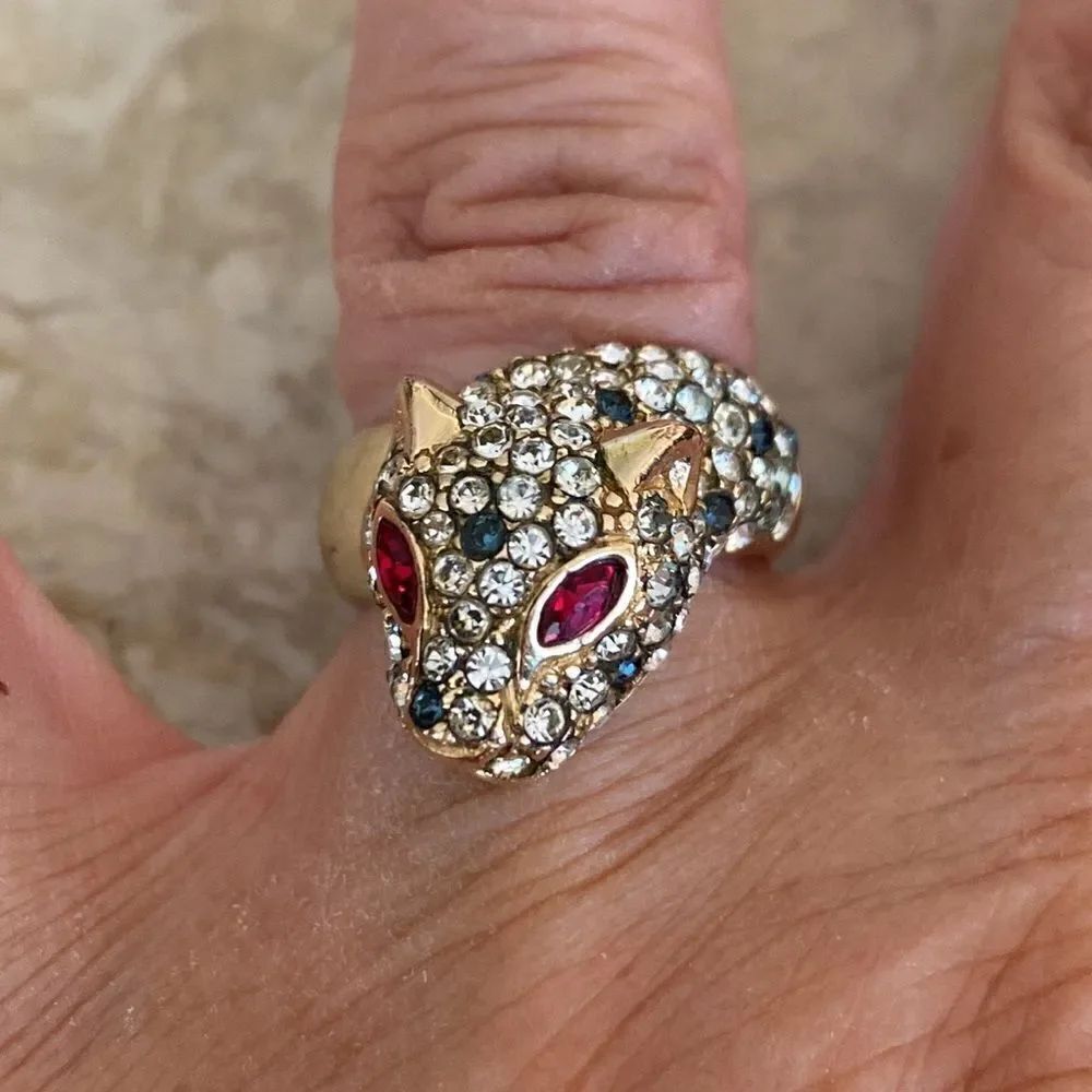 Gold Over Sterling Silver Panther & Crystals Statement Ring Vintage